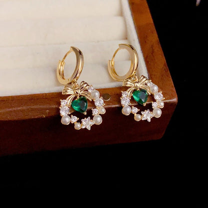 Bow Wreath Green Heart Earrings