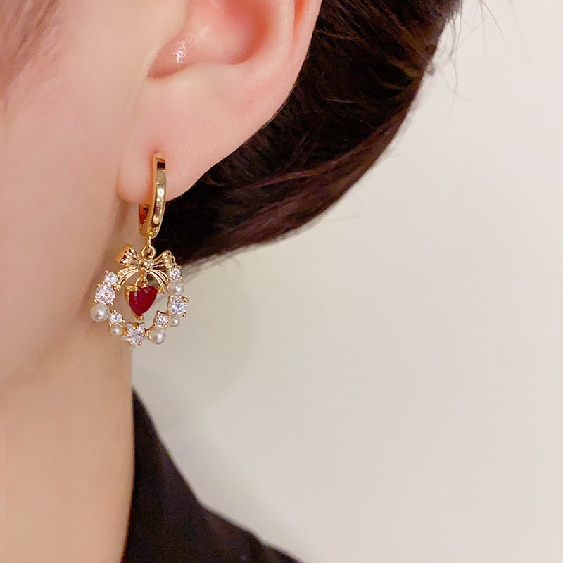 Bow Wreath Red Heart Earrings