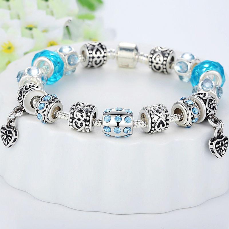 Silver Crystal Bracelet With Blue Murano Glass Beads