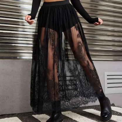 Breathable Plaid Mesh Maxi Skirt Dark Style Embroidery