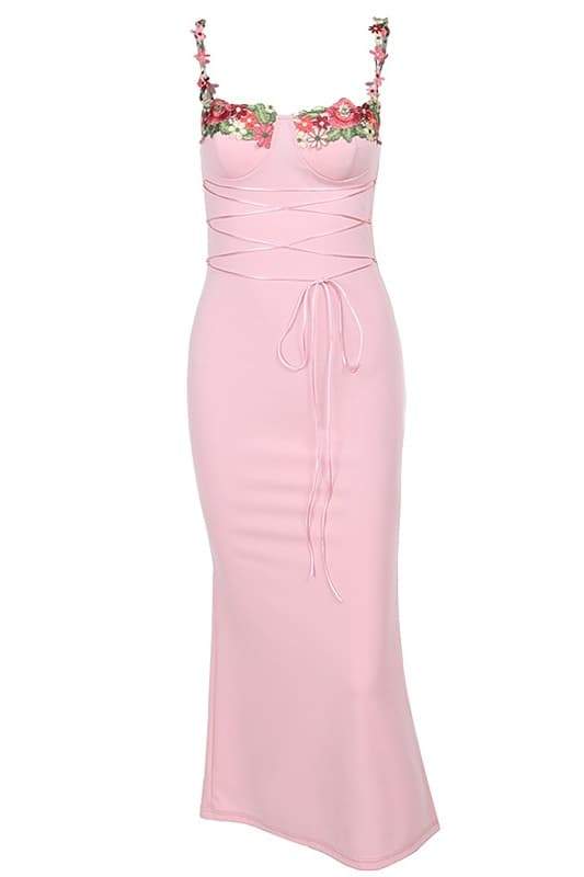 Brenda Embroidered Lace-up Midi Dress