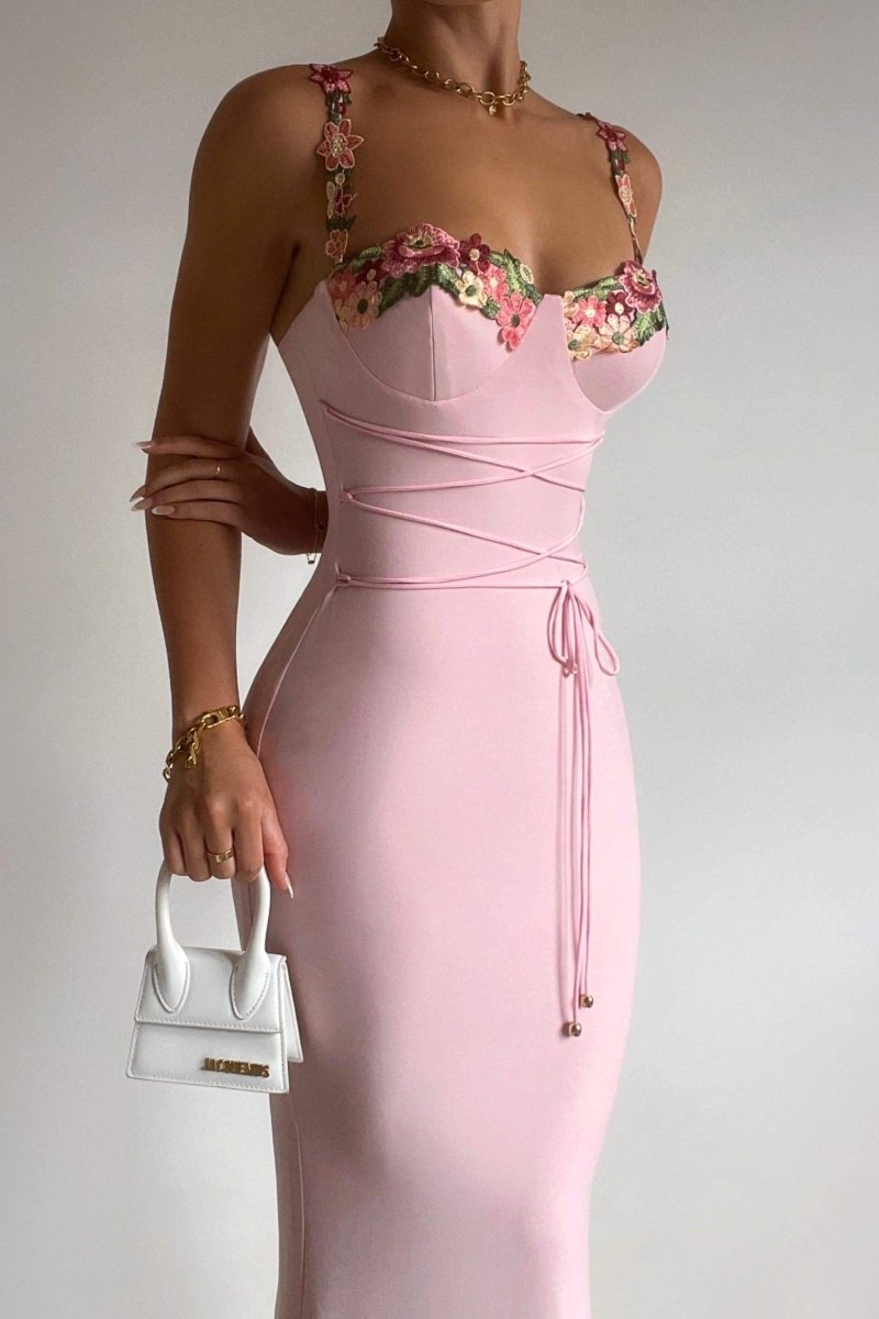 Brenda Embroidered Lace-up Midi Dress