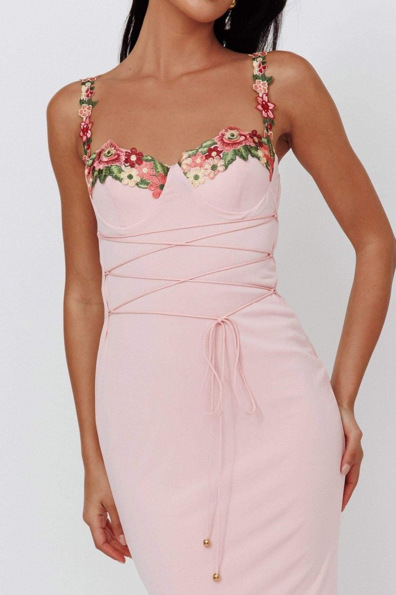 Brenda Embroidered Lace-up Midi Dress