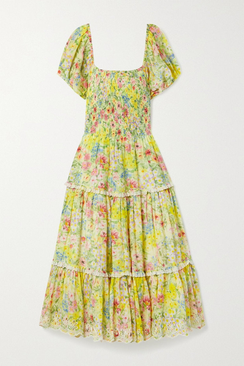 Brianna Printed Lace Trimed Midi Dress
