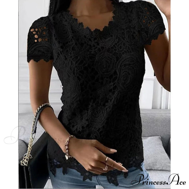 Brief Pink Neck White Blouse Round Black Lace Arm Basic Plain Blouse