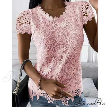 Brief Pink Neck White Blouse Round Black Lace Arm Basic Plain Blouse