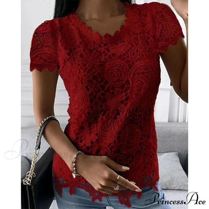 Brief Pink Neck White Blouse Round Black Lace Arm Basic Plain Blouse
