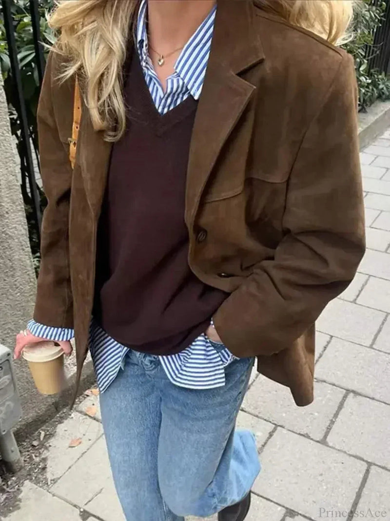 Brown Double Pocket Blazer Short Coat