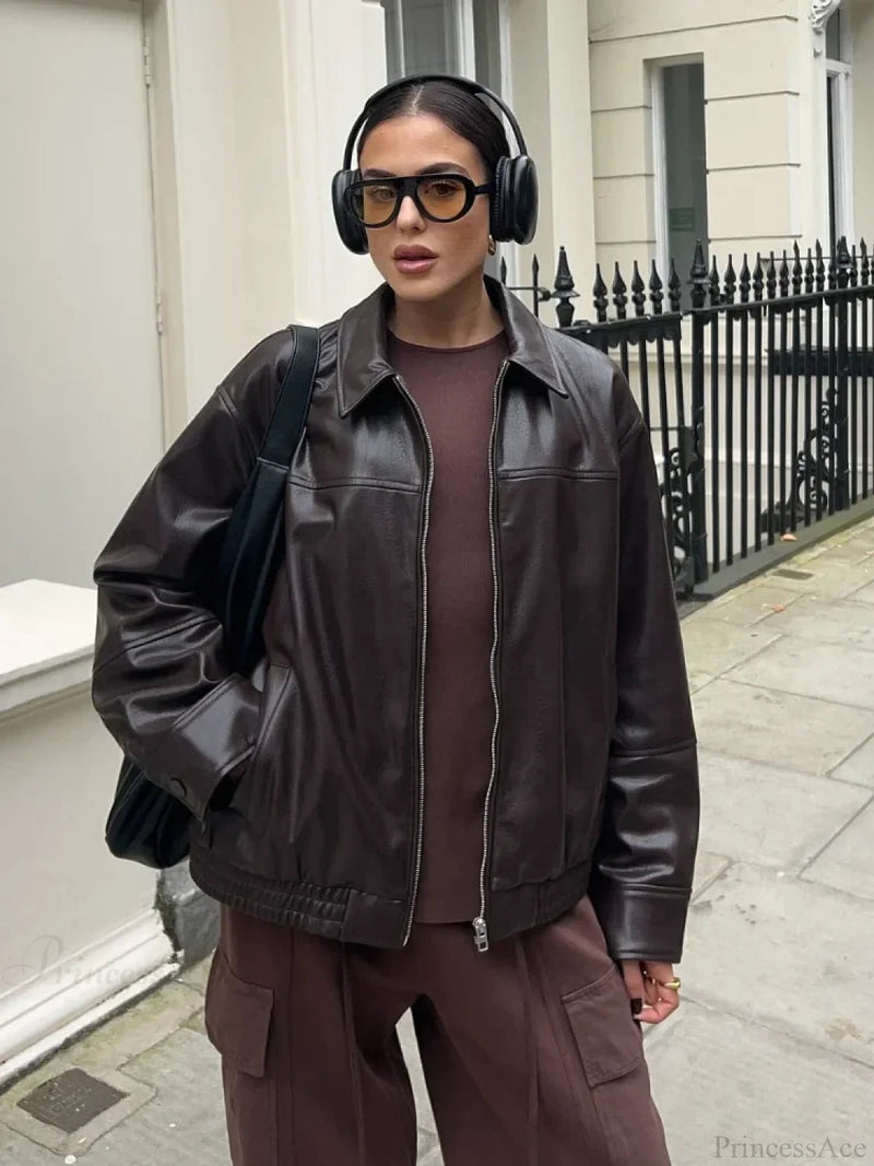 Brown Drawstring Tie Leather Coat