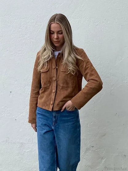 Brown Woolen Long Sleeve Short Coat