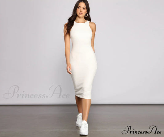 Brushed Knit Sleeveless Charming Crew Neck Midi Dress