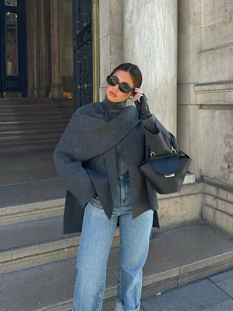 Grey Scarf Collar Woolen Coat