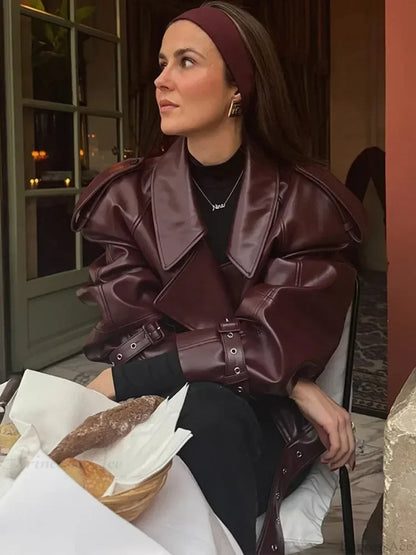 Burgundy Lapel Short Leather Coat