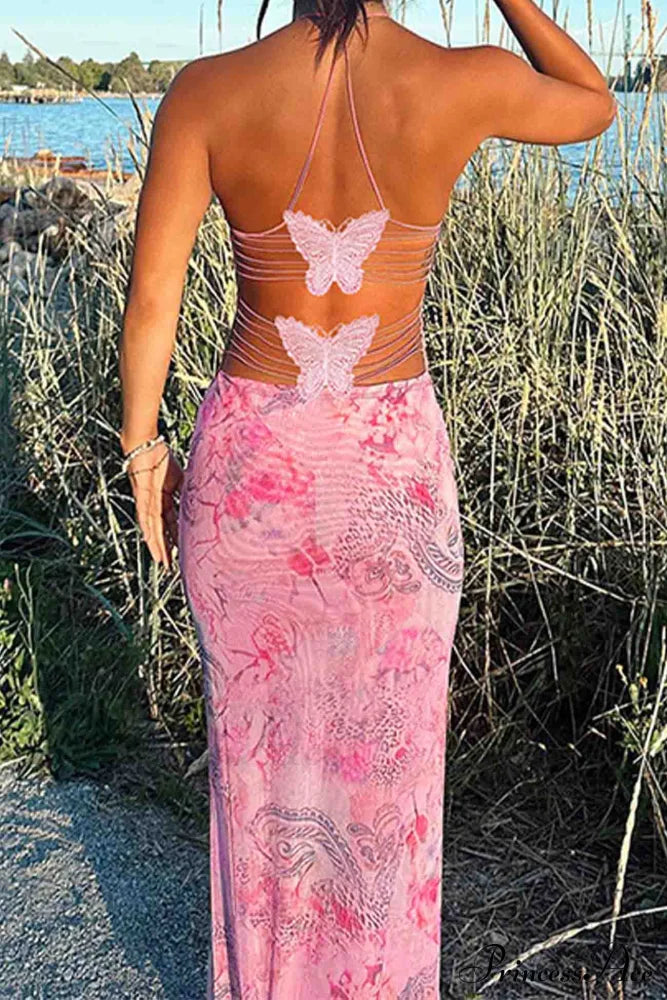 Butterfly Backless Midi Dress With Halterneck
