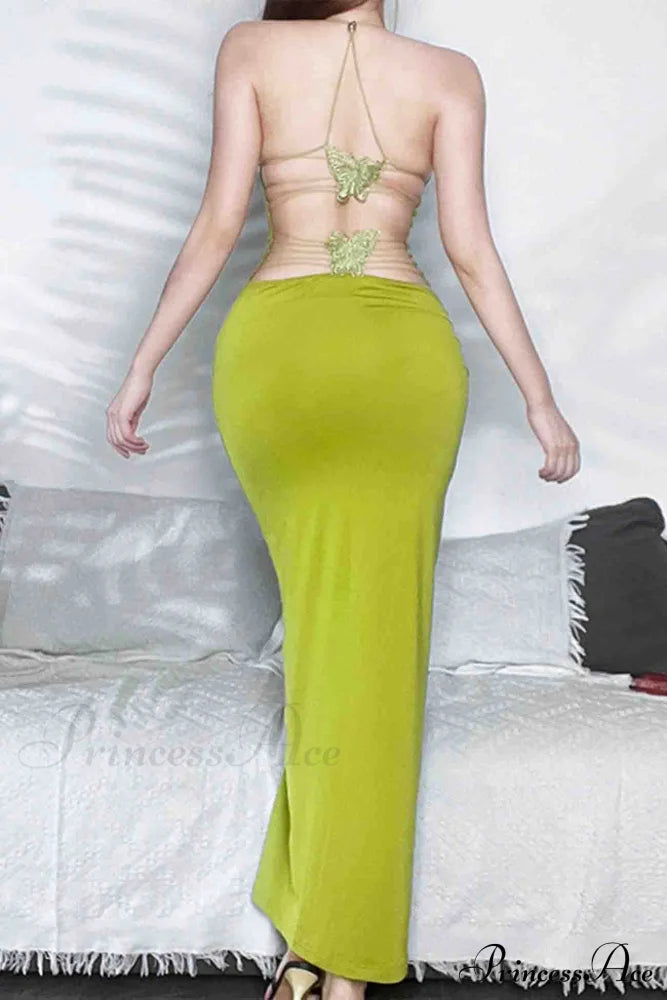 Butterfly Backless Midi Dress With Halterneck