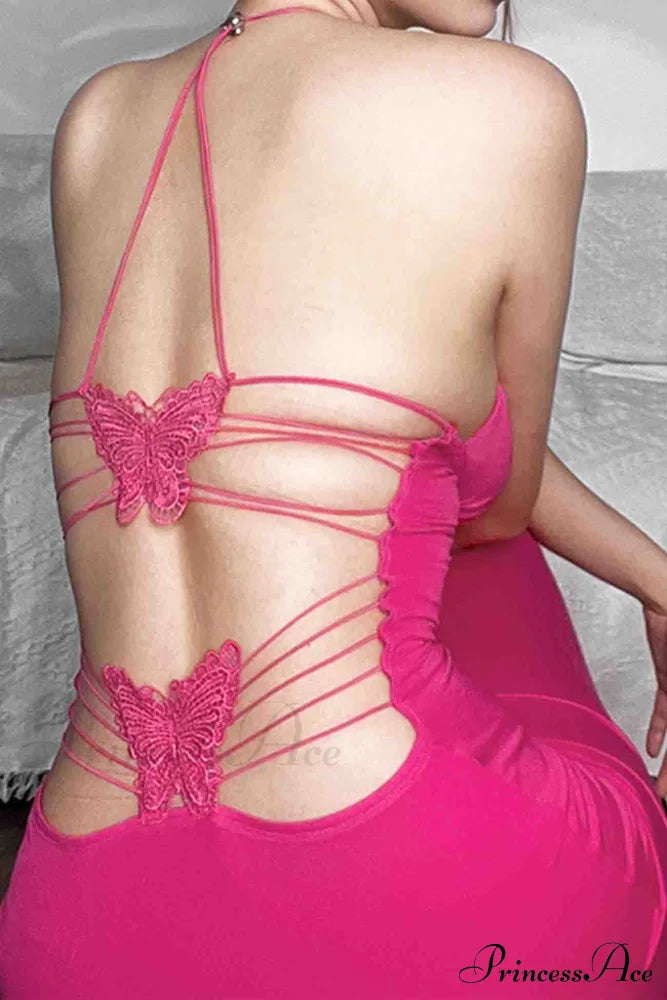 Butterfly Backless Midi Dress With Halterneck
