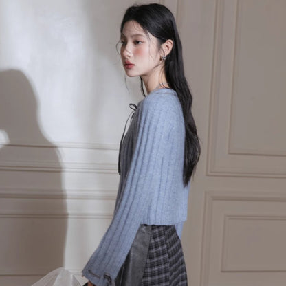 Blue Ribbon Woolen Cardigan Two-piece Set