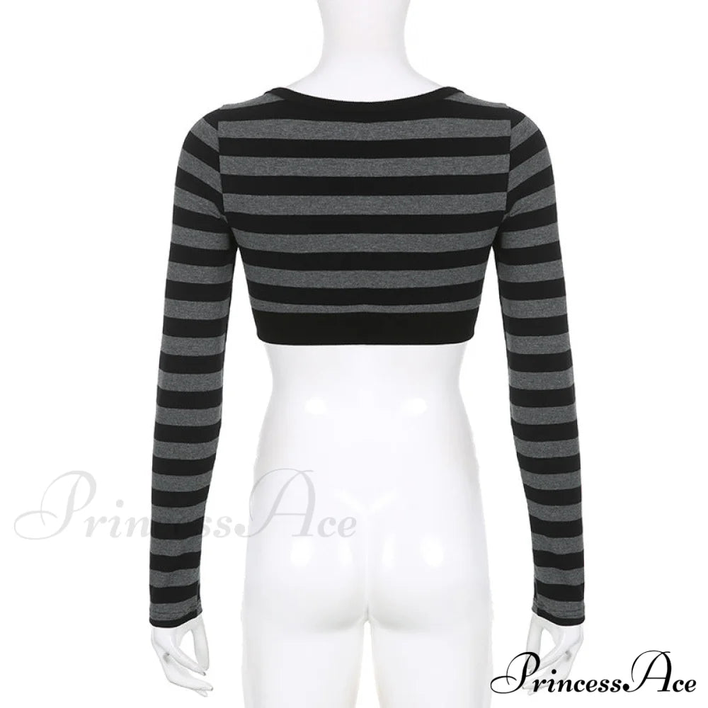 Button Full T V Crop Top Harajuku Neck Blouse Arm Knitted Grunge Tee Striped Y2k Outfits