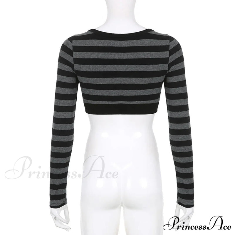 Button Full T V Crop Top Harajuku Neck Blouse Arm Knitted Grunge Tee Striped Y2k Outfits