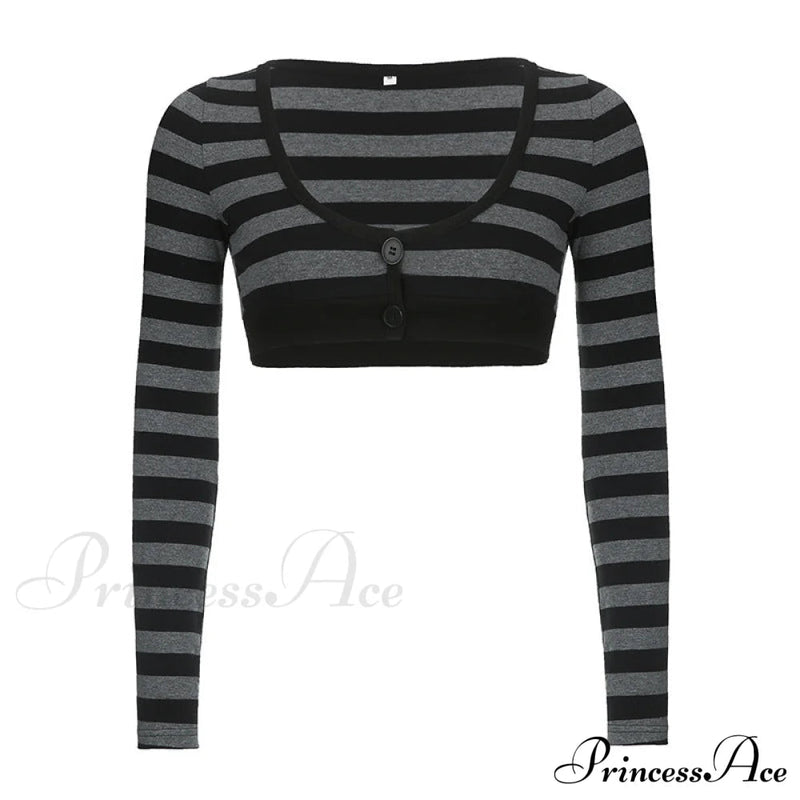 Button Full T V Crop Top Harajuku Neck Blouse Arm Knitted Grunge Tee Striped Y2k Outfits