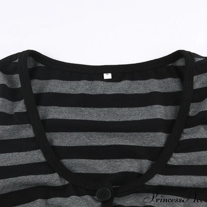 Button Full T V Crop Top Harajuku Neck Blouse Arm Knitted Grunge Tee Striped Y2k Outfits