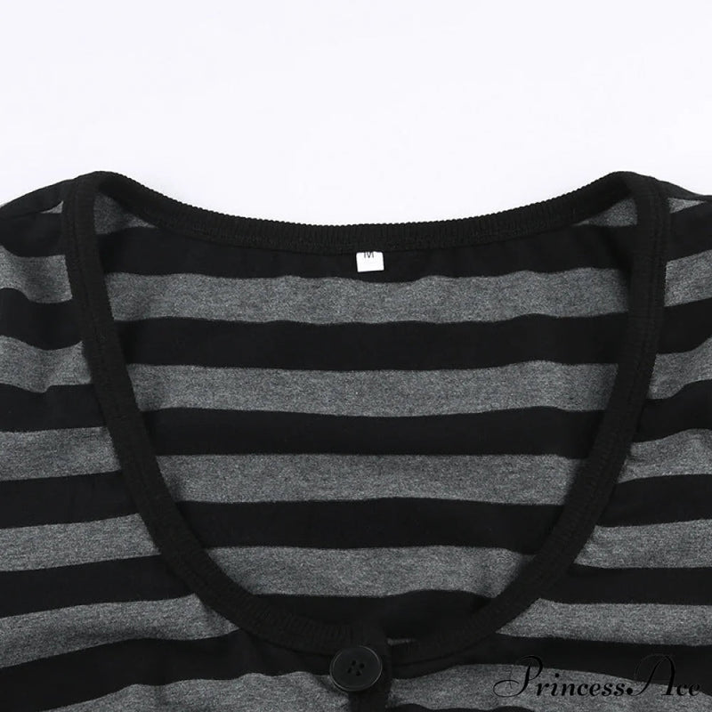 Button Full T V Crop Top Harajuku Neck Blouse Arm Knitted Grunge Tee Striped Y2k Outfits