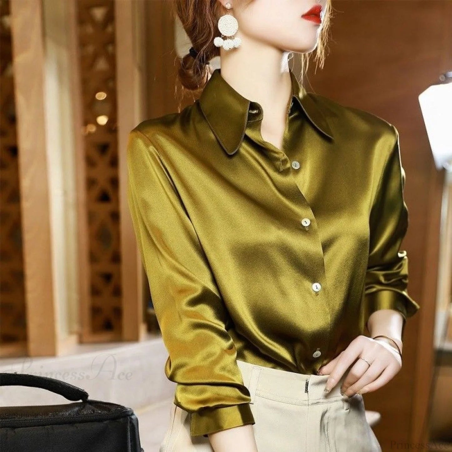 Button Satin - Blouse Silk Office Crepe Up Top