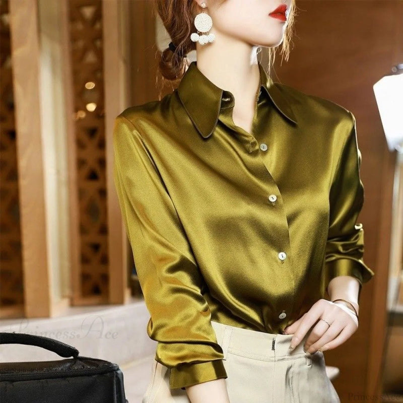Button Satin - Blouse Silk Office Crepe Up Top