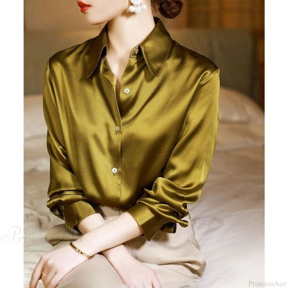Button Satin - Blouse Silk Office Crepe Up Top