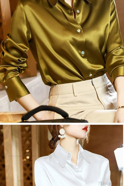 Button Satin - Blouse Silk Office Crepe Up Top