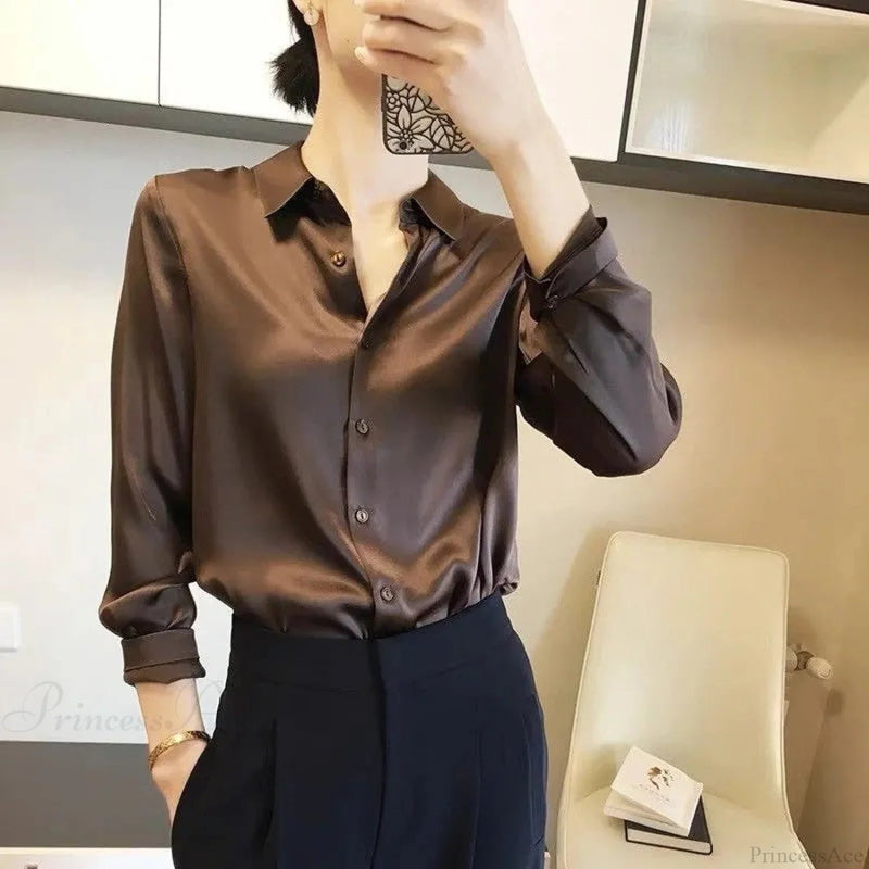 Button Satin - Blouse Silk Office Crepe Up Top