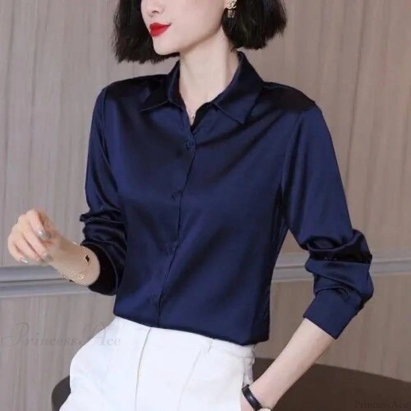 Button Satin - Blouse Silk Office Crepe Up Top