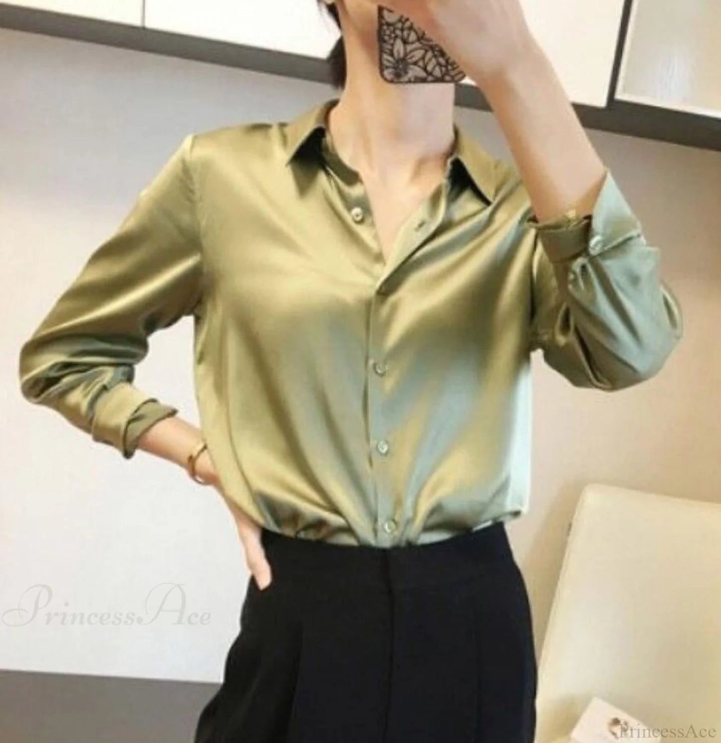 Button Satin - Blouse Silk Office Crepe Up Top