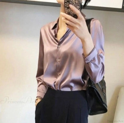 Button Satin - Blouse Silk Office Crepe Up Top