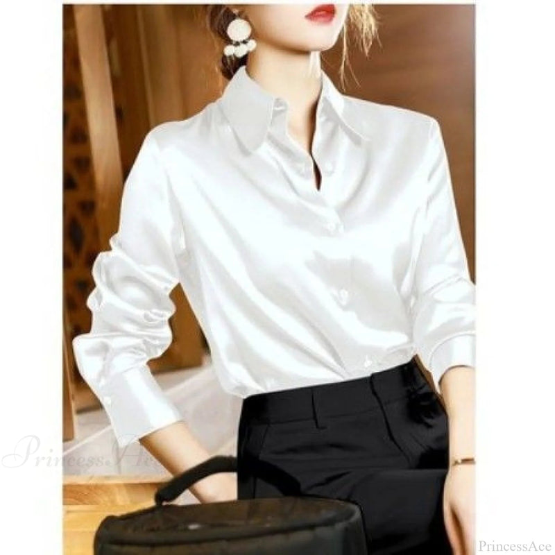 Button Satin - Blouse Silk Office Crepe Up Top