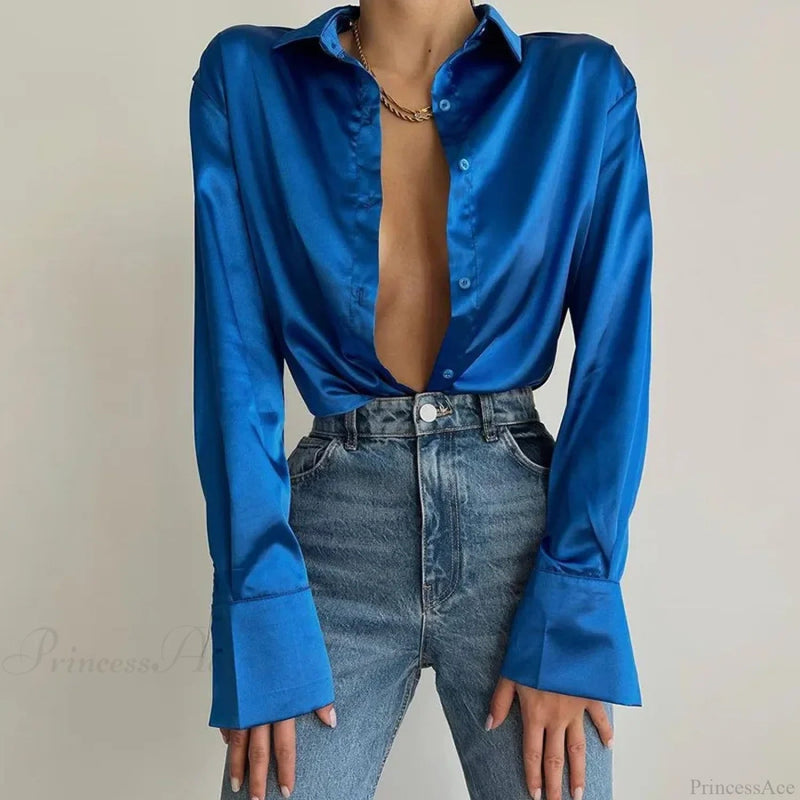 Button Up Satin Long Sleeve White Blouse