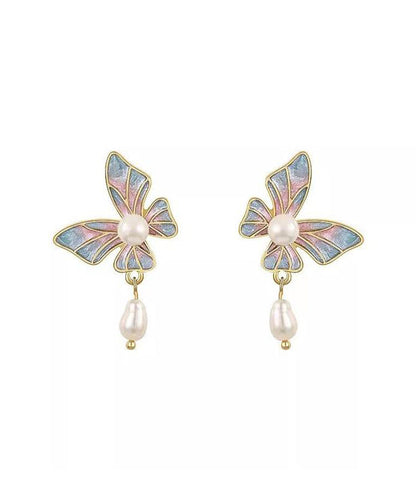 Stylish Blue Sterling Silver Overgild Pearl Butterfly Enamel Drop Earrings
