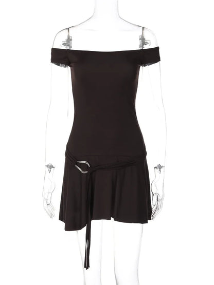 Off Shoulder Sleeveless Strapless Mini Dress for Splice Flounced Edge Slim With Belt Club Party Dresses Female
