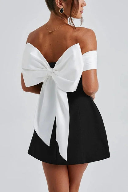 Contrast Off-the-shoulder Bow-embellished Mini Dress