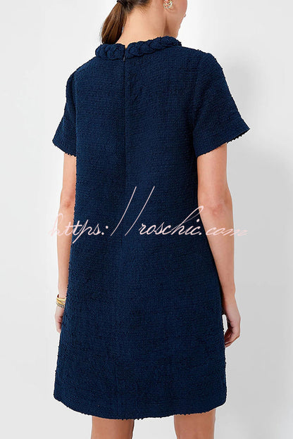 Confident and Tweed Fabric Braided Trim Button Shift Mini Dress