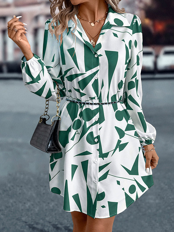 Loose Puff Sleeves Printed Split-joint Lapel Mini Dresses Shirt Dress