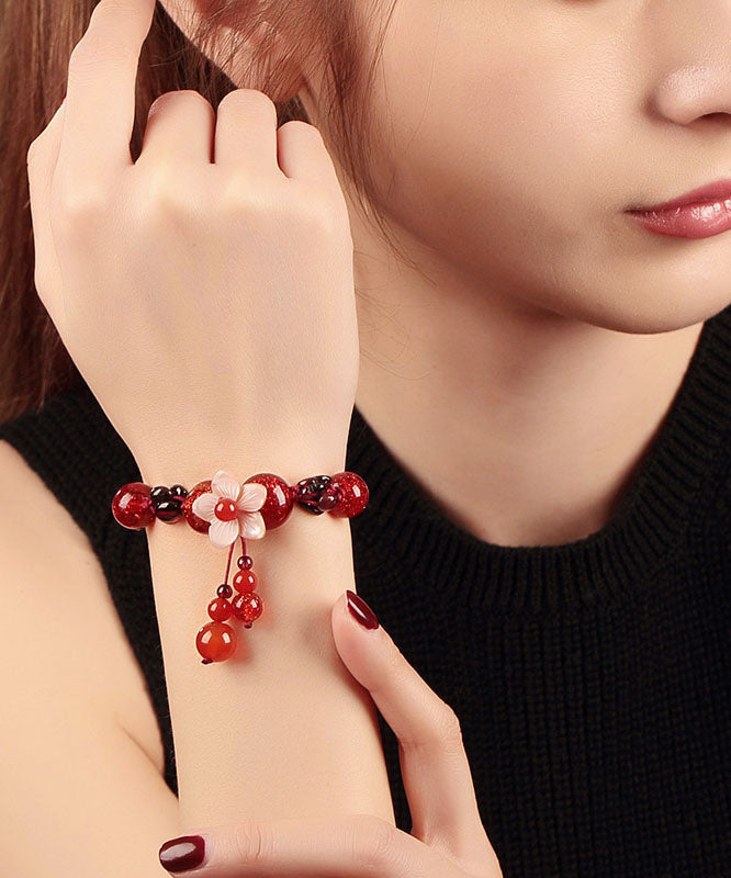 Diy Red Agate Coloured Glaze Shell Flower Garnet Charm Bracelet