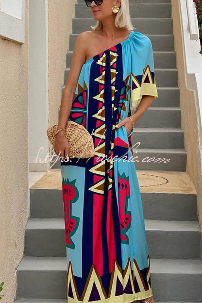 Color Boost Unique Print One Shoulder Bell Sleeve Pocketed Maxi Dress