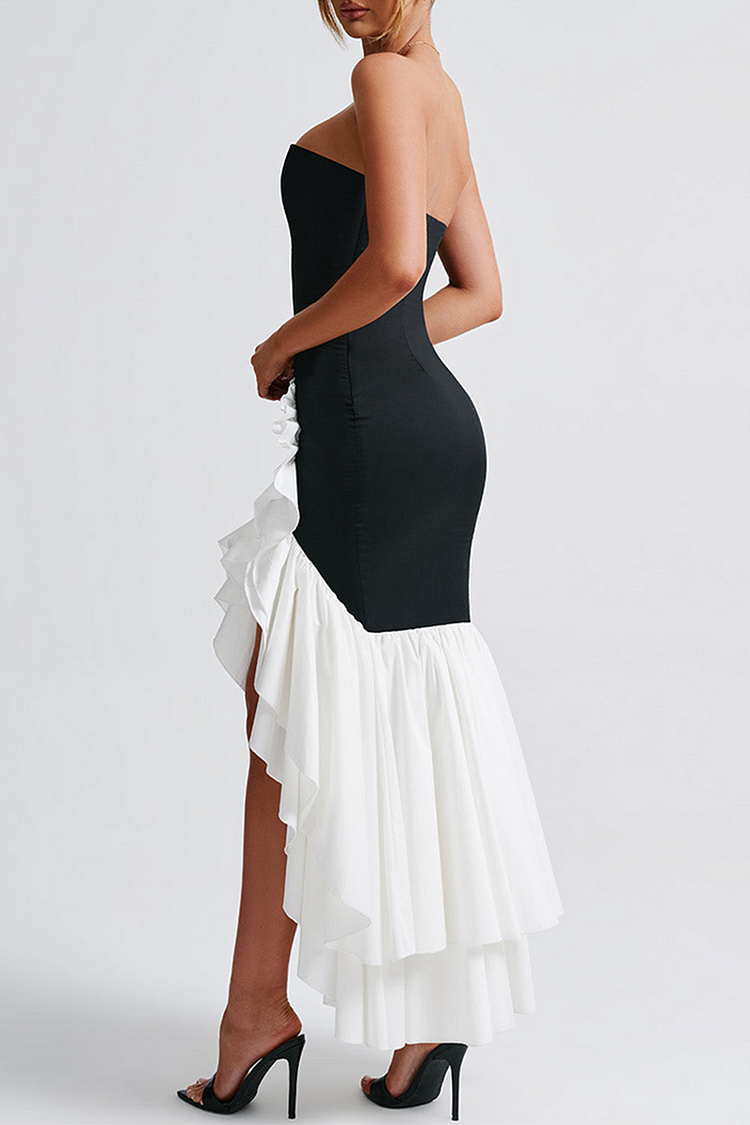 Strapless Bodycon Colorblock Ruffled Fishtail Maxi Dresses-black