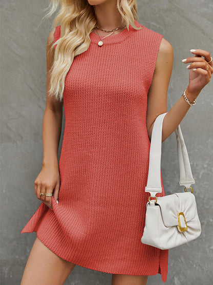 A-line Loose Color Split-side Tied Waist Round-neck Mini Dresses Sweater Dresses