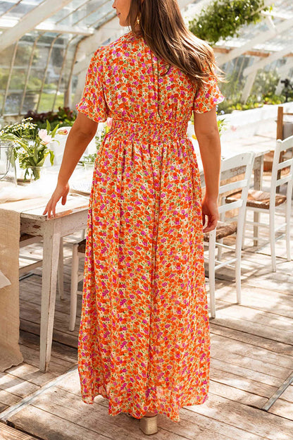 Print V-neck Short Sleeve Waist Maxi Dress