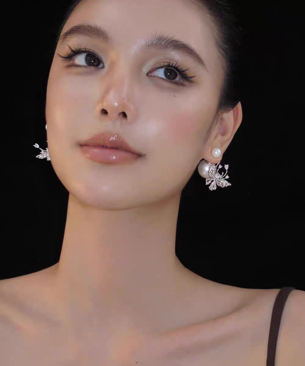 White Copper Zircon Pearl Butterfly Stud Earrings