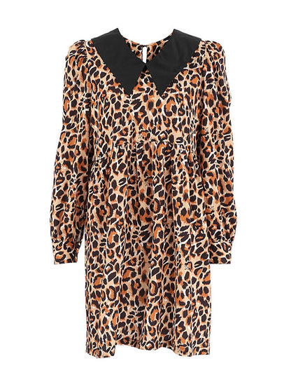 Loose Puff Sleeves Leopard Pleated Printed Split-joint Peter Pan Collar Mini Dresses Shirt Dress