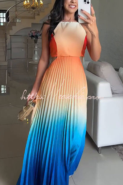Fashionable Backless Tie Gradient Pleated Maxi Dress