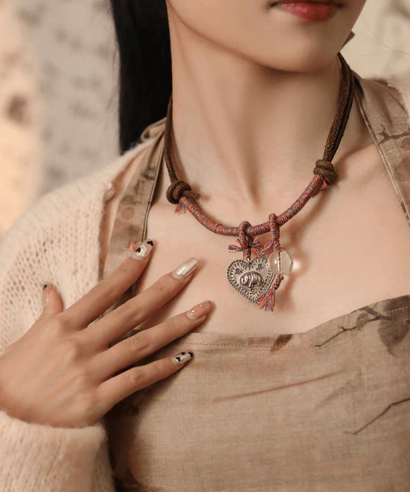 Retro Red 925 Silver Weave Elephant Love Pendant Necklace